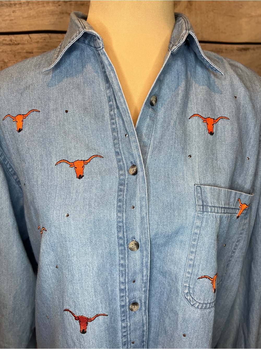 Mili Light Blue Denim Shirt Orange Texas UT Longhorns Embroidery Rhinestones